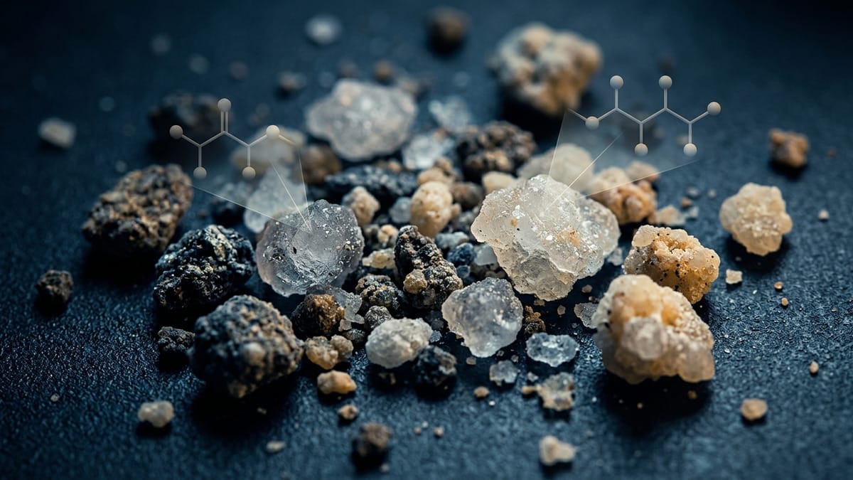 Composición científica de granos de polvo interestelar con estructuras moleculares sugeridas sobre una muestra fría.