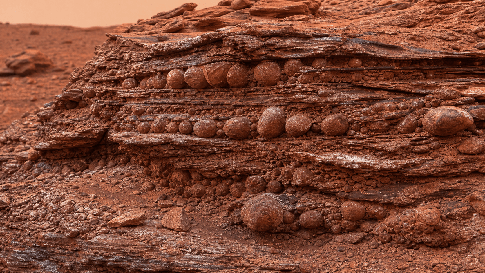 Ilustración editorial de pequeñas esferas minerales integradas en roca sedimentaria marciana
