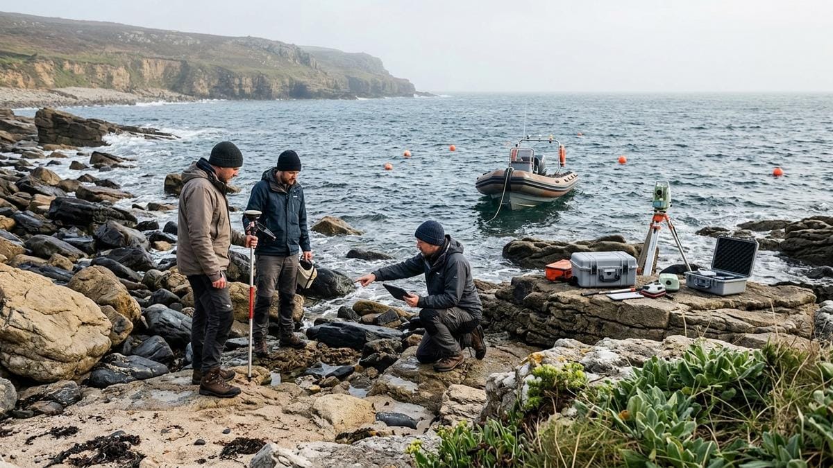 Equipo arqueológico en una costa atlántica con vista al mar, documentando un hallazgo submarino relacionado con la Edad del Bronce.