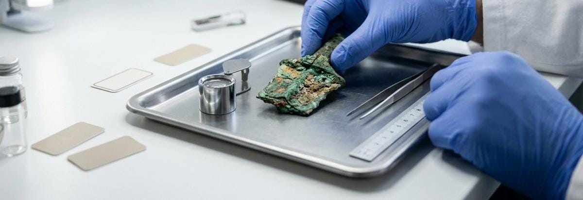 Primer plano de un análisis científico de metal antiguo: manos con guantes sosteniendo una muestra de bronce junto a una lupa, una regla de medición y luz de laboratorio.