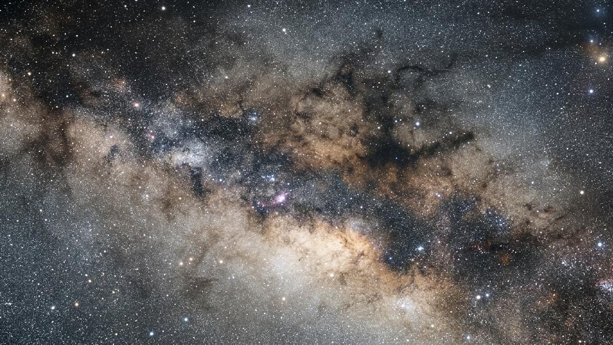 Mosaico del bulbo galáctico de la Vía Láctea con gran densidad de estrellas y bandas de polvo interestelar.