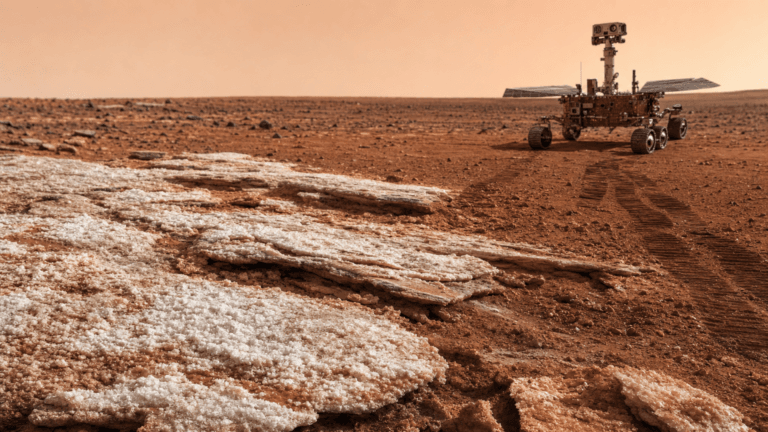 Ilustración editorial de evaporitas y cristales de yeso observados por Zhurong en Utopia Planitia
