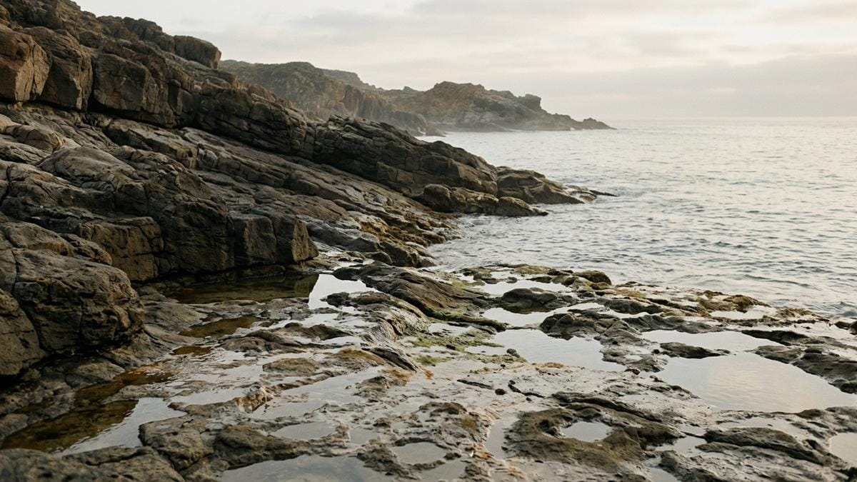 Paisaje volcánico antiguo con rocas oscuras y agua interactuando en una costa mineral