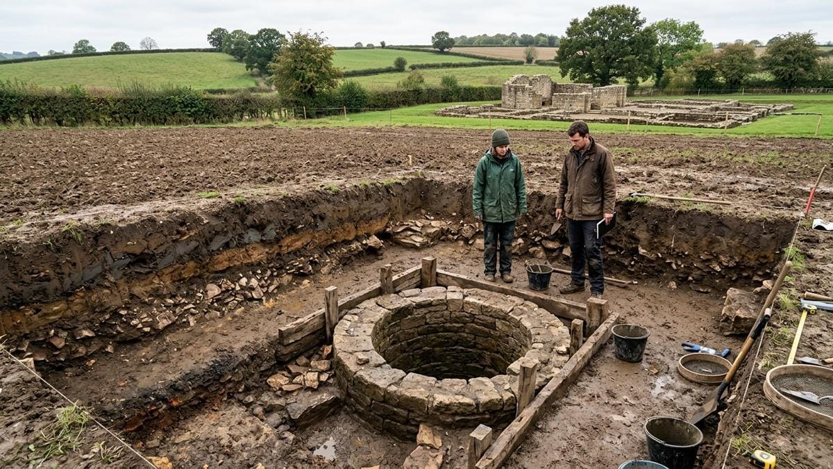 Paisaje arqueológico de la Britania romana con un pozo excavado junto a ruinas y terreno rural.