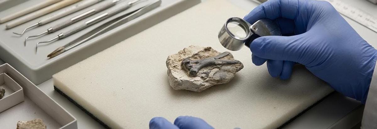 Detalle de una mano con lupa sobre un fragmento fósil y sedimento en un laboratorio de análisis.