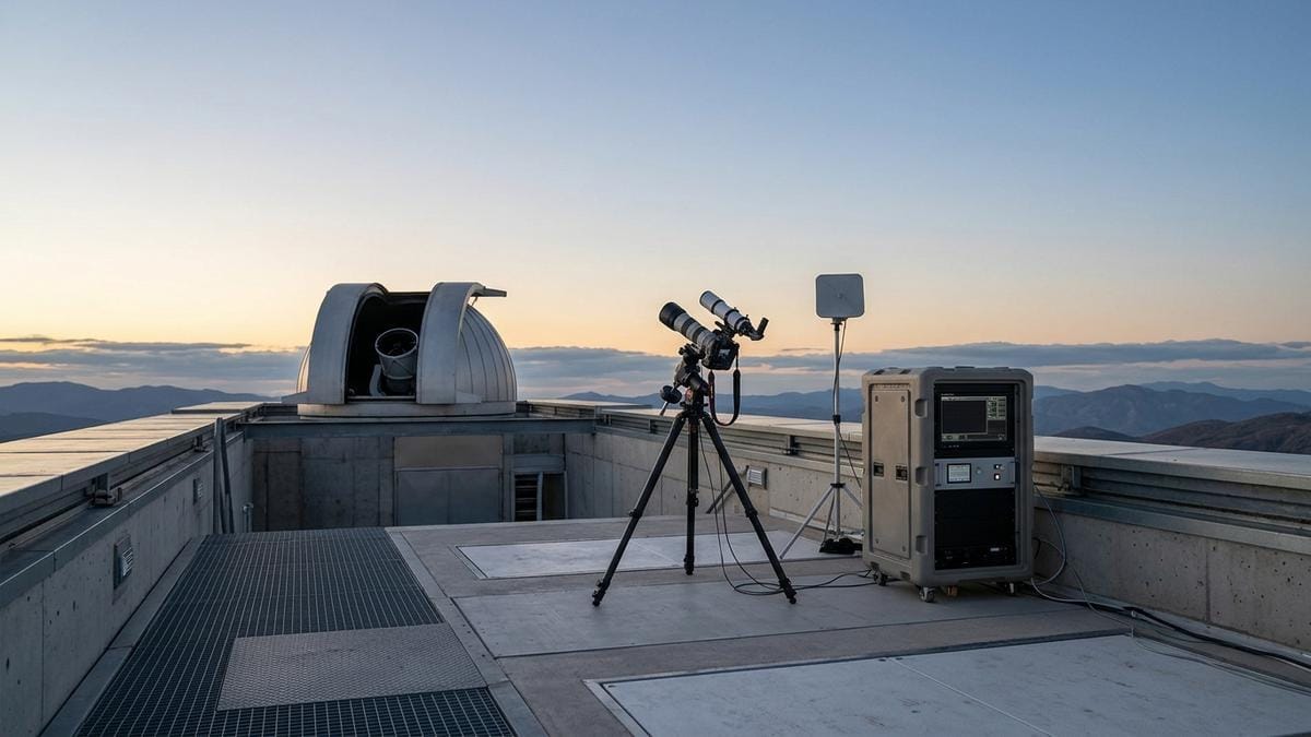 Observatorio terrestre al atardecer con instrumentos de vigilancia apuntando al cielo, en una escena sobria de investigación científica.