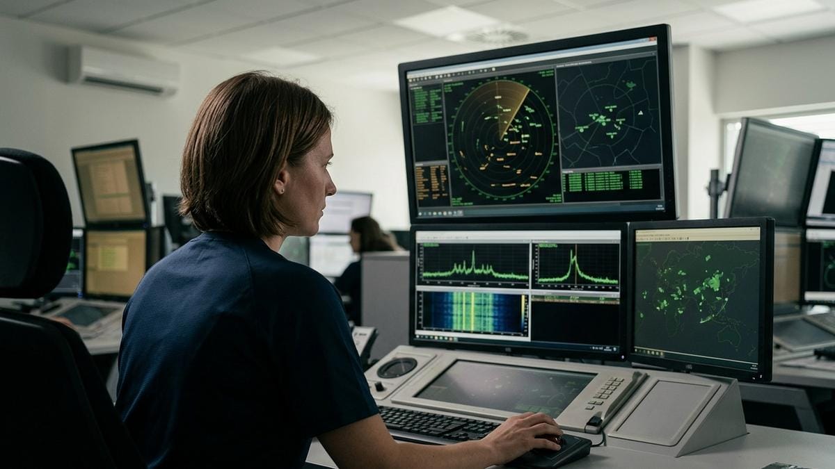 Sala de control con radar y monitores mostrando trazas ambiguas sobre una pared oscura, mientras un analista observa la señal en silencio.