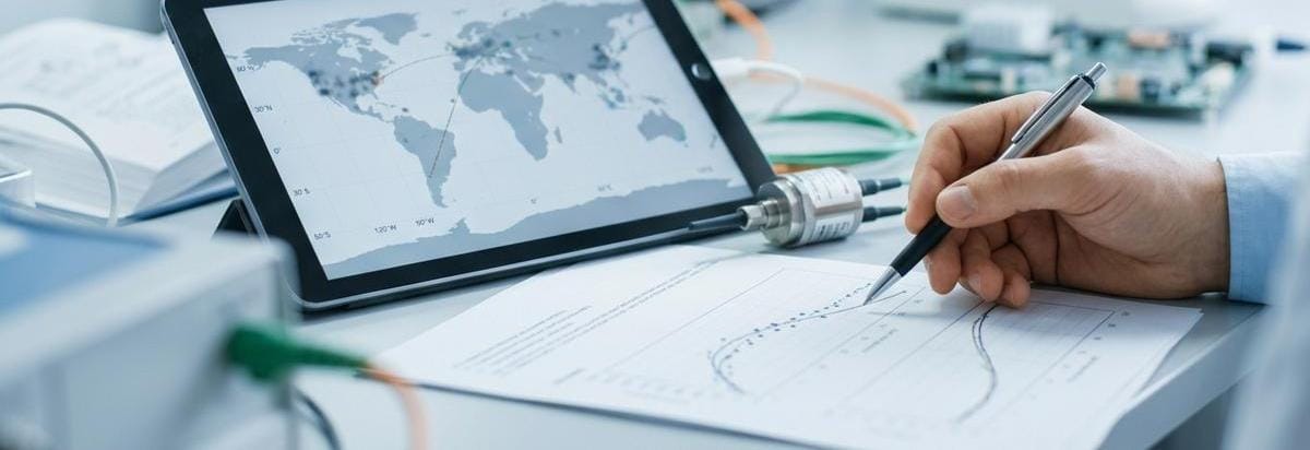 Primer plano de una mano señalando una gráfica impresa junto a una tableta con mapa de trayectorias y un pequeño sensor, sugiriendo análisis de evidencia incompleta.