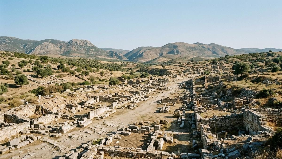 Vista arqueológica de ruinas antiguas en un paisaje de Anatolia occidental, con colinas suaves y restos de muros de piedra