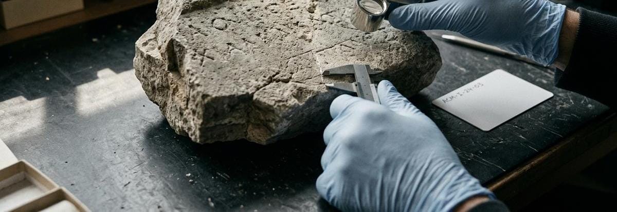 Detalle de una inscripción antigua fragmentaria siendo examinada con luz rasante y herramientas de conservación