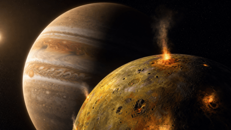 Ilustración editorial de una exoluna volcánica transitando un superjúpiter auroral