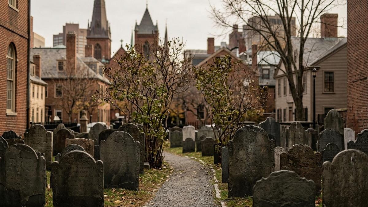 Vista amplia de un cementerio histórico de Boston con lápidas antiguas y arquitectura colonial difusa al fondo