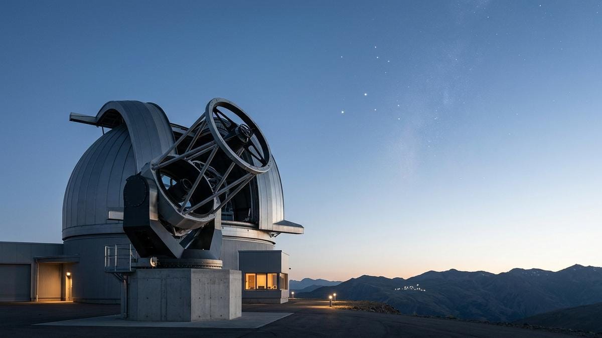Observatorio astronómico con un telescopio de gran apertura apuntando a una estrella lejana, representando la vigilancia científica de LHS 1140 b.