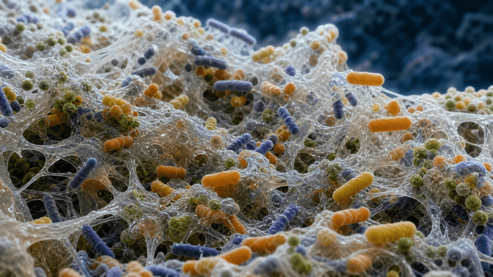 Ilustración editorial de bacterias inmersas en una matriz extracelular de biofilm