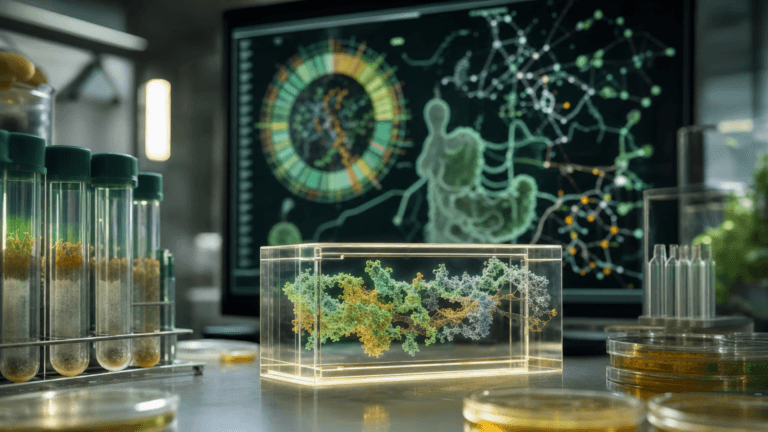 Ilustración editorial de muestras de microbioma, genomas microbianos y una red de relaciones metabólicas en laboratorio