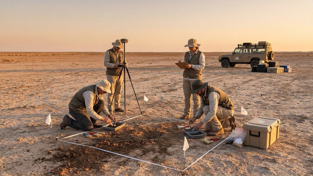 Equipo de campo recuperando un meteorito en un paisaje seco y claro tras su caída reciente.