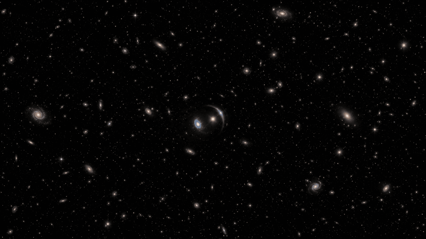 Ilustración editorial de un campo de galaxias con una distorsión de lente gravitacional conceptual