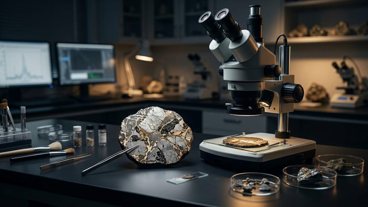 Mesa de laboratorio con una lámina de meteorito y herramientas de análisis mineral.