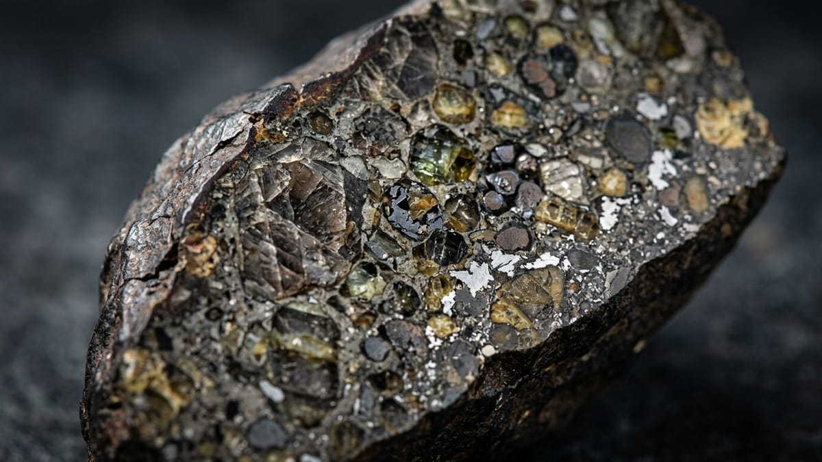 Detalle macro de un meteorito con cristales y fragmentos metálicos iluminados en primer plano.