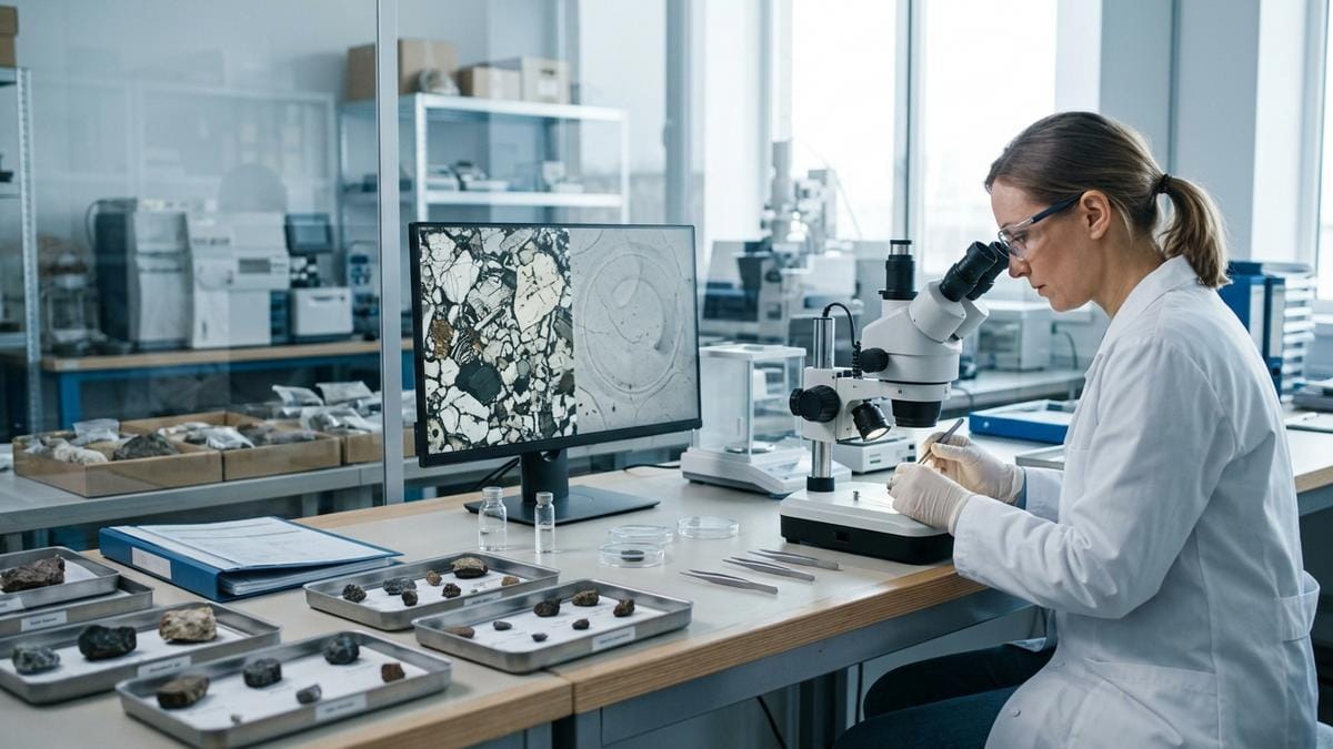 Vista amplia de un taller científico con fragmentos de meteoritos y una pantalla de análisis mineral, en un entorno de investigación espacial sobrio.