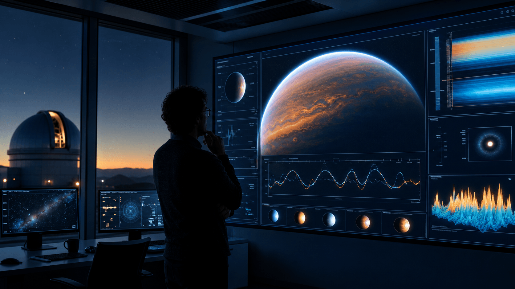 Ilustración editorial de una persona que estudia un modelo de atmósfera exoplanetaria