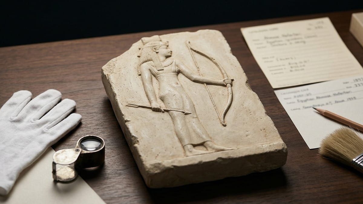 Mesa de trabajo con una reproducción de relieve egipcio y notas de archivo arqueológico.