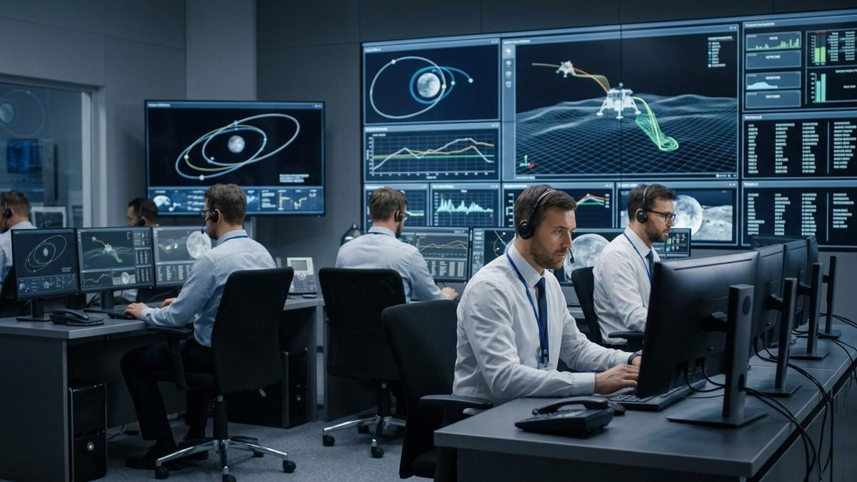 Vista amplia de un centro de control de misión lunar con varias pantallas y equipos de ingeniería supervisando una simulación de aterrizaje.