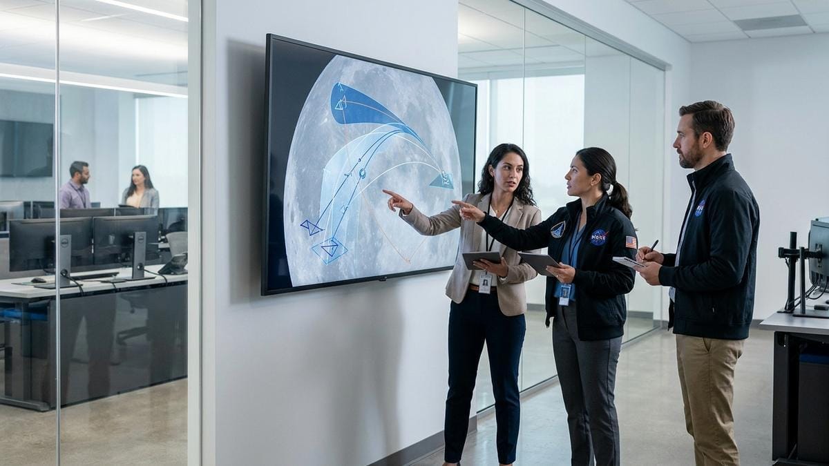 Tres equipos de ingenieros revisan un mapa de alunizaje y simulaciones de misión en una sala de control lunar moderna