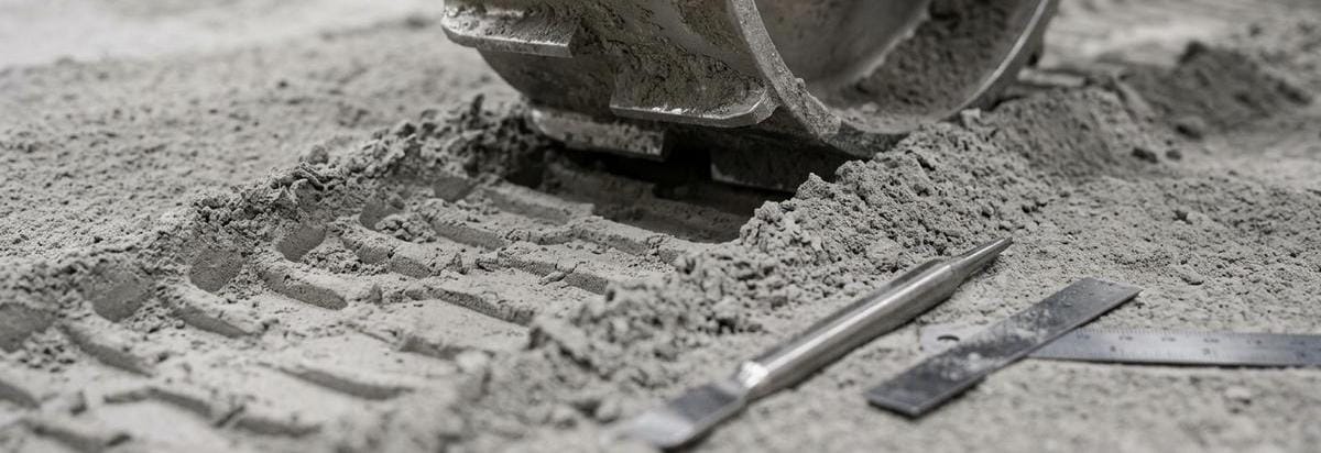 Detalle macro de una rueda de rover marcando regolito lunar junto a una muestra de polvo fino y herramientas de ensayo técnico