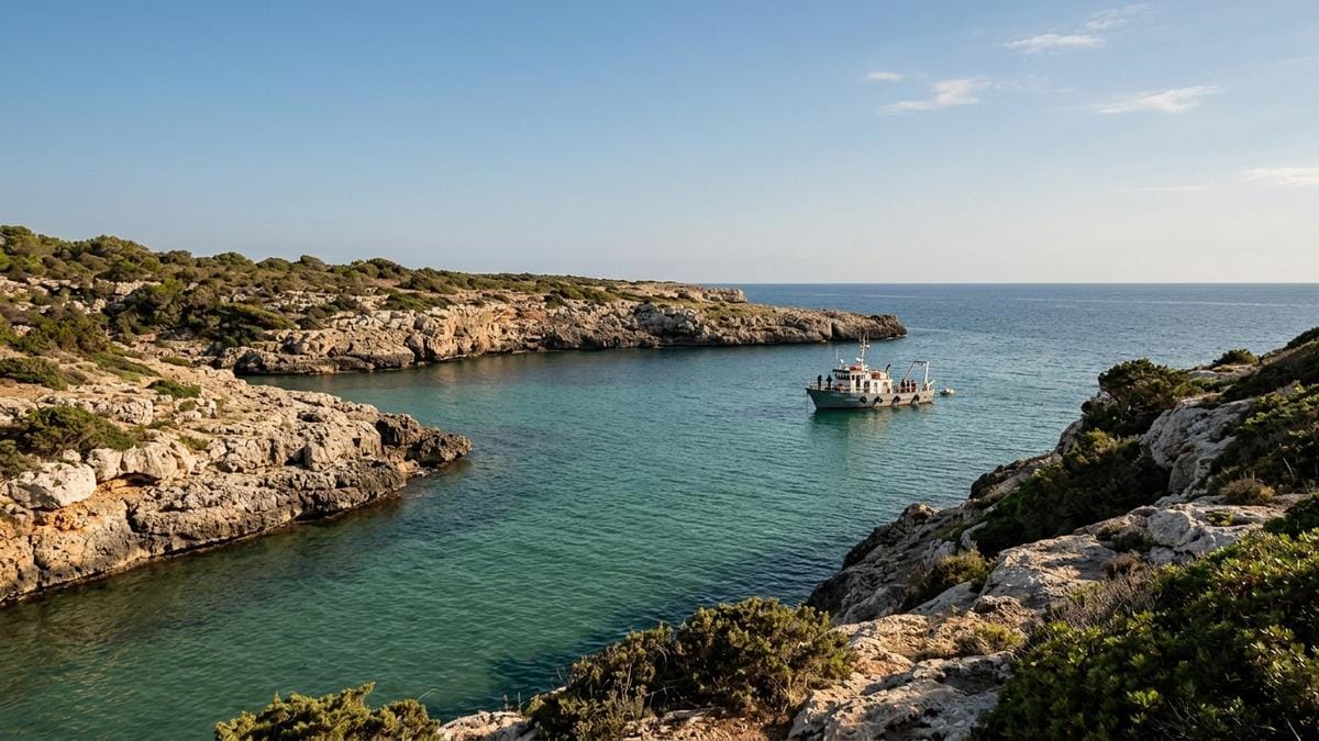 Cala de Menorca con equipo de arqueología subacuática y embarcación de apoyo frente a la costa rocosa.