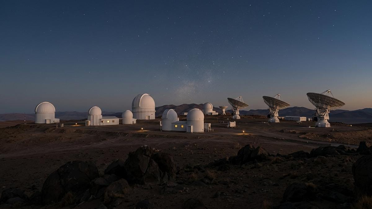 Un observatorio astronómico moderno trabajando de noche bajo un cielo limpio, con cúpulas y antenas apuntando al espacio.