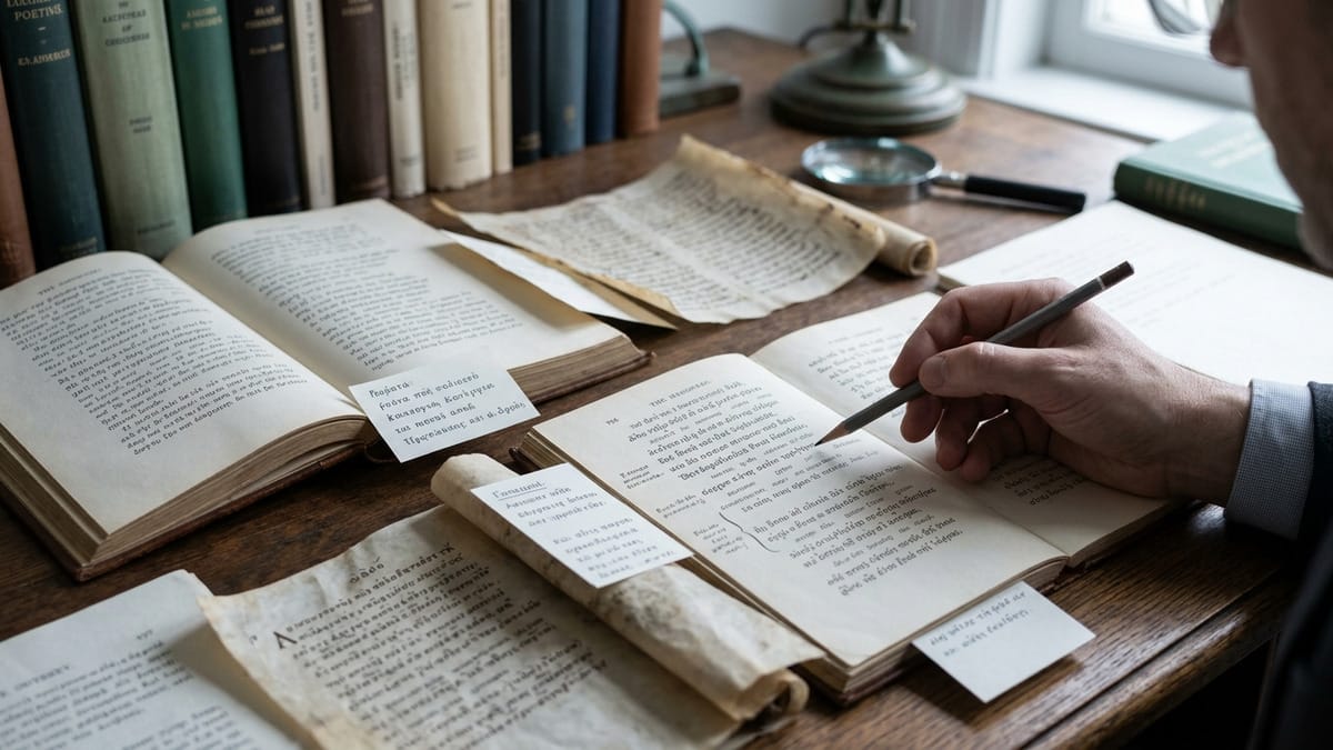 Detalle de una mesa de filología con copias comparadas y marcas de variantes textuales.