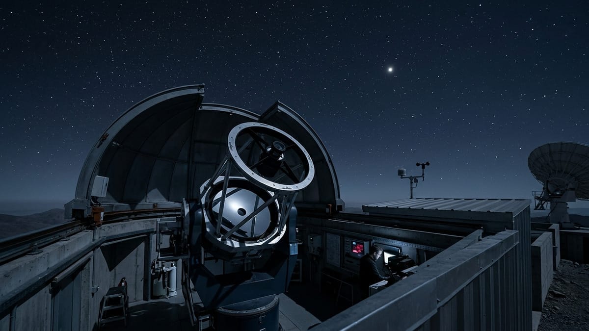Observatorio astronómico captando la luz de una estrella lejana para medir tránsitos exoplanetarios.