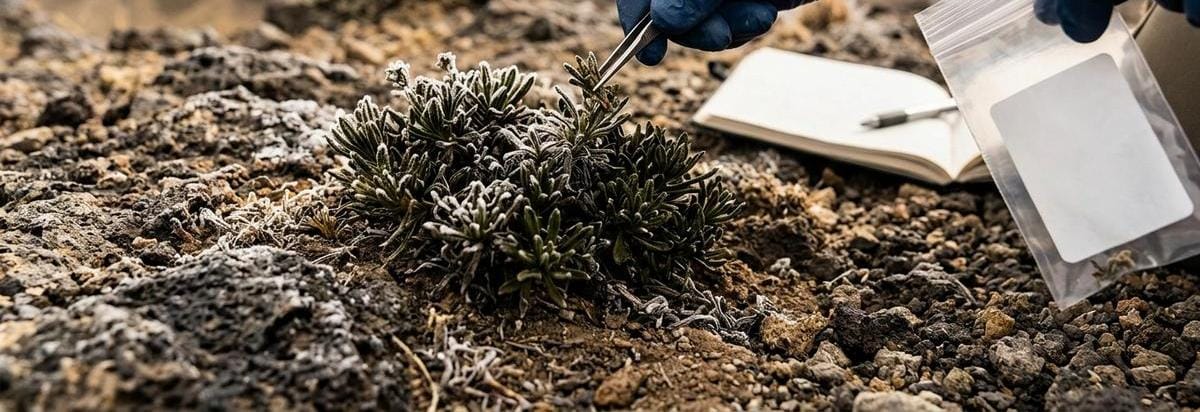 Detalle científico de plantas altoandinas con muestras y mano enguantada, sugiriendo análisis de dieta y toxinas.