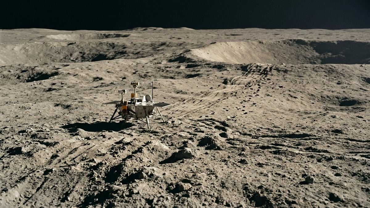 Un módulo de aterrizaje robótico junto a una huella de polvo lunar y una ladera de cráter, evocando la llegada de misiones a zonas científicamente sensibles.