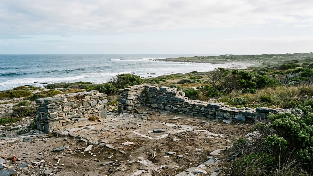 Vista documental de Robben Island con ruinas bajas, costa rocosa y vegetación expuesta al viento