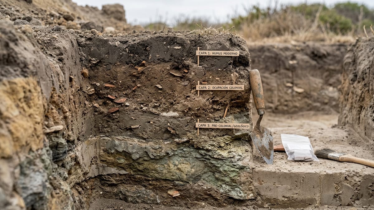 Detalle de estratos de suelo y fragmentos materiales en una excavación de Robben Island