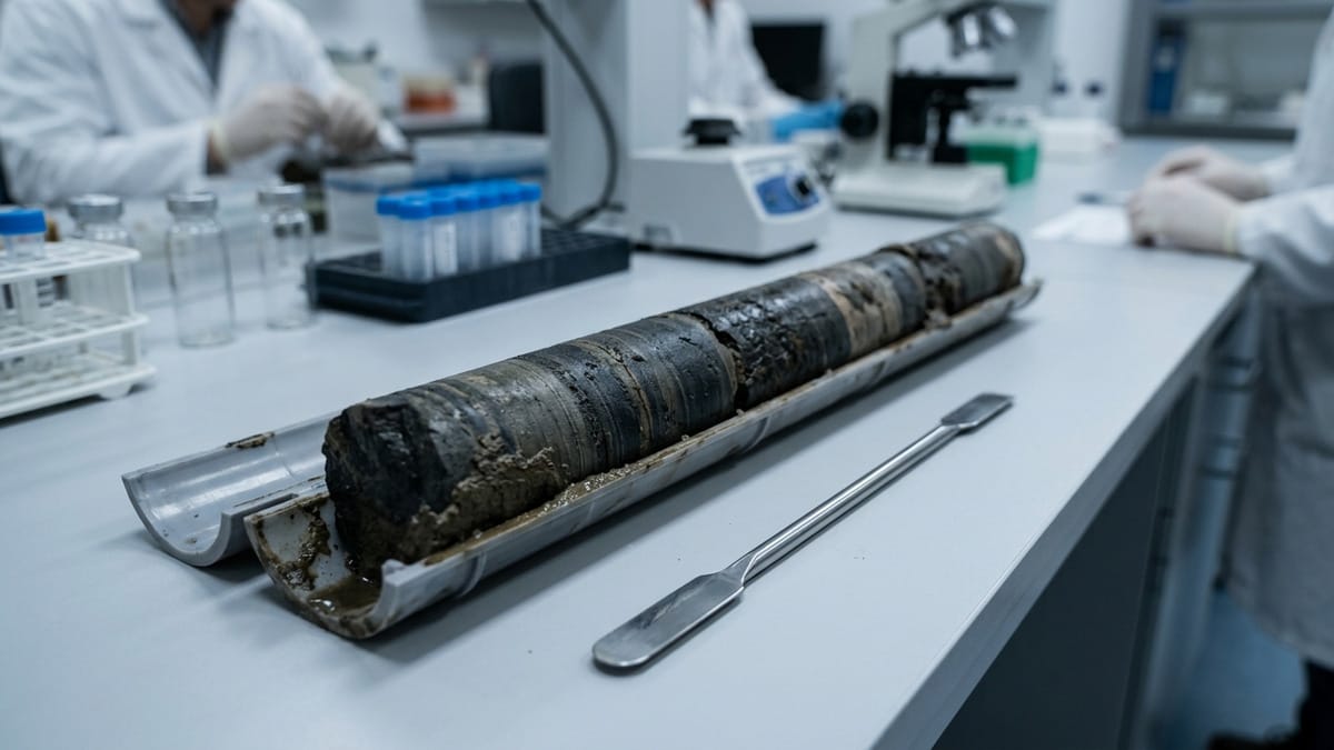 Muestra de roca subterránea en un laboratorio con sedimentos y tubo de extracción científica.