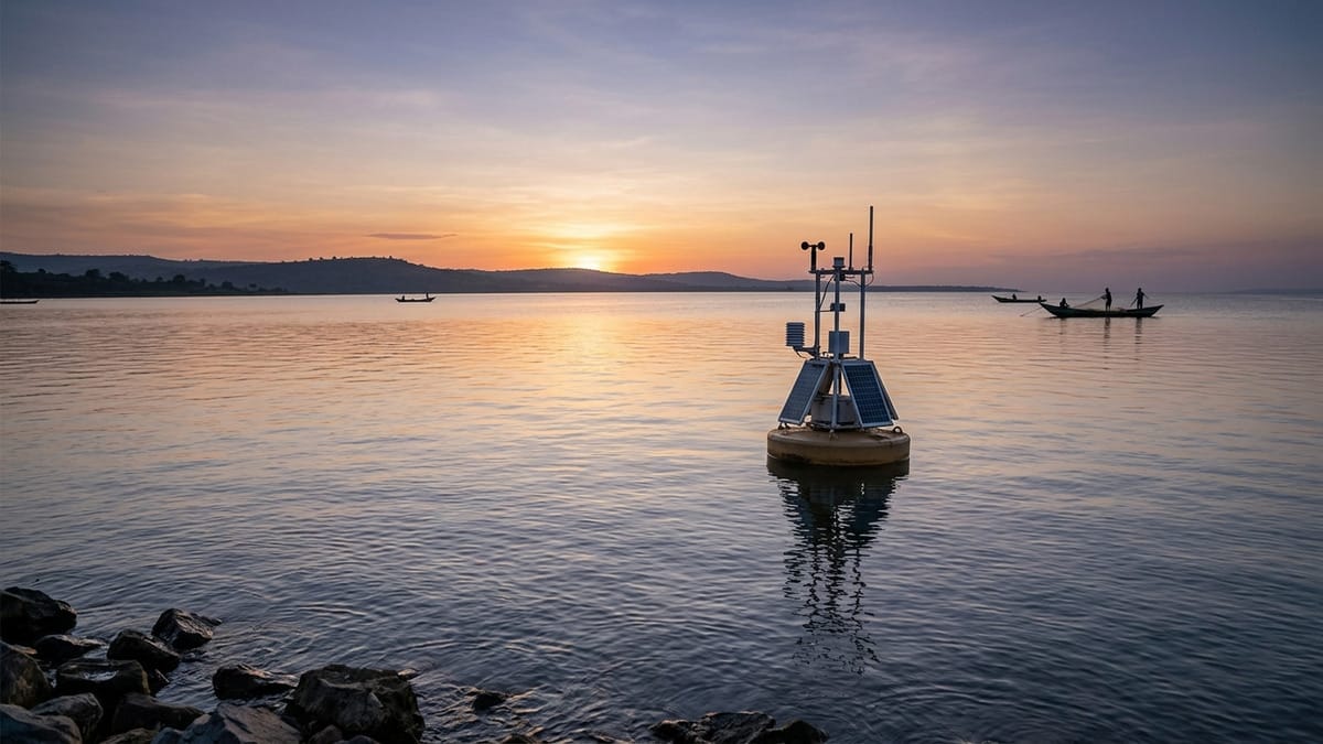 Boya de monitoreo en el lago Victoria al amanecer, con sensores sobre el agua y pescadores a lo lejos.