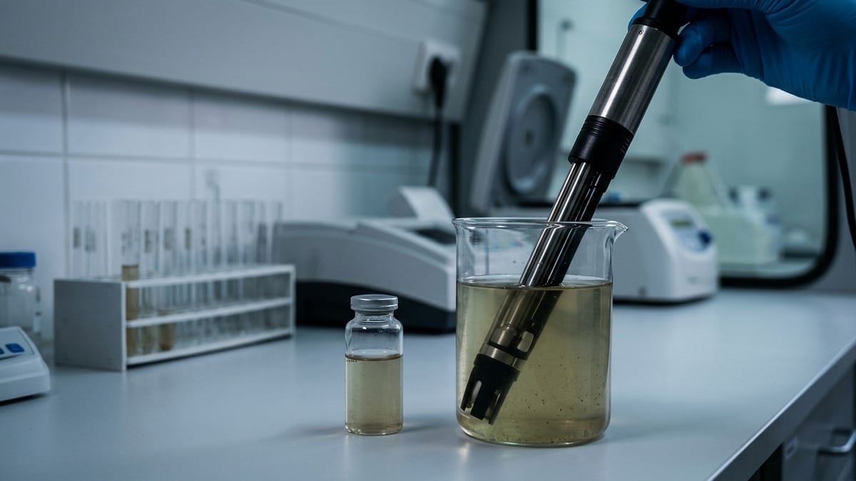 Detalle de un sensor sumergible y una muestra de agua analizada en laboratorio, con luz fría y ambiente científico.