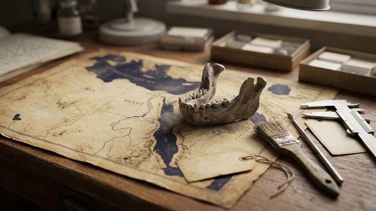 Mesa de trabajo con mapa arqueológico del norte de Egipto y una réplica de fósil junto a herramientas de estudio.