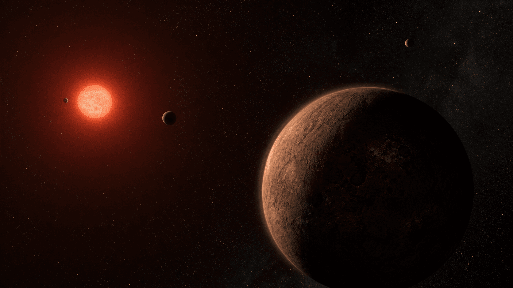 Ilustración editorial de un planeta rocoso que orbita una estrella enana roja