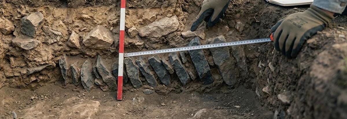 Detalle técnico de una excavación con sedimentos, medición arqueológica y fragmentos de estructura hidráulica antigua en Armenia
