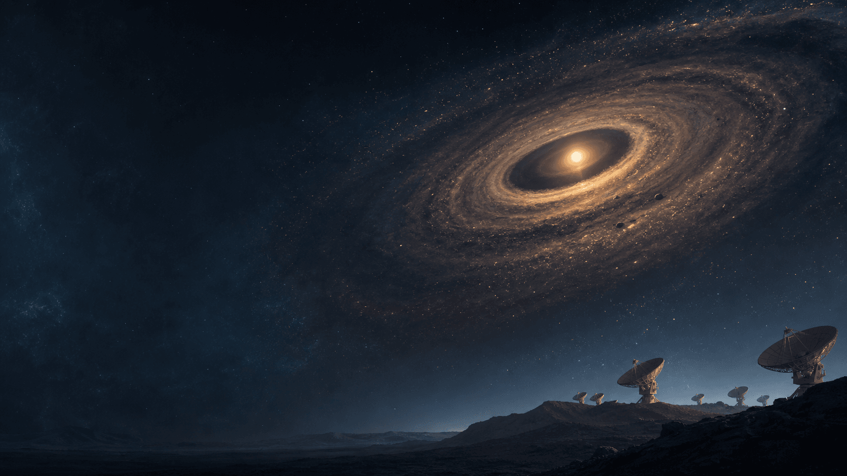 Ilustración editorial de un disco protoplanetario alrededor de una estrella con radiotelescopios en primer plano