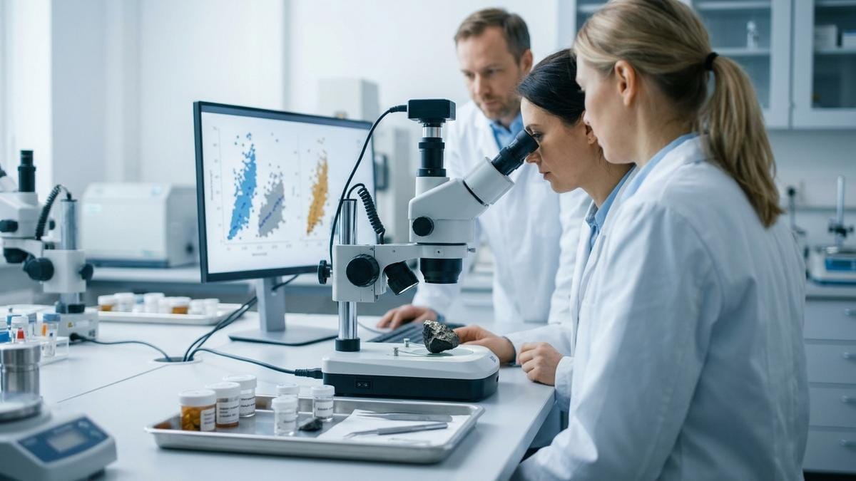 Científicos observan una muestra marciana en un laboratorio luminoso con microscopio y pantallas de análisis al fondo