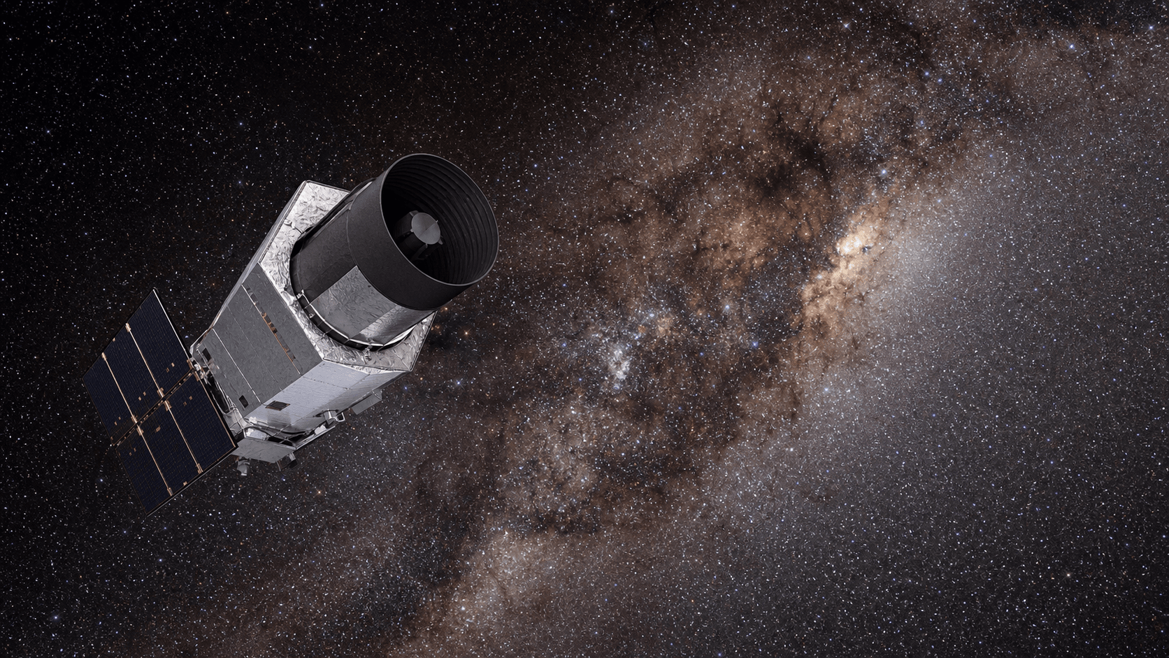 Ilustración editorial de un telescopio espacial que observa un campo estelar denso
