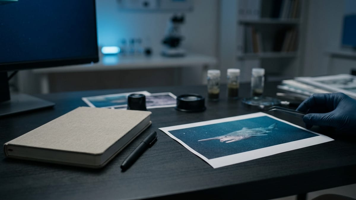 Mesa de trabajo científica con fotograma del tiburón goblin, libreta de notas y muestra visual de análisis.