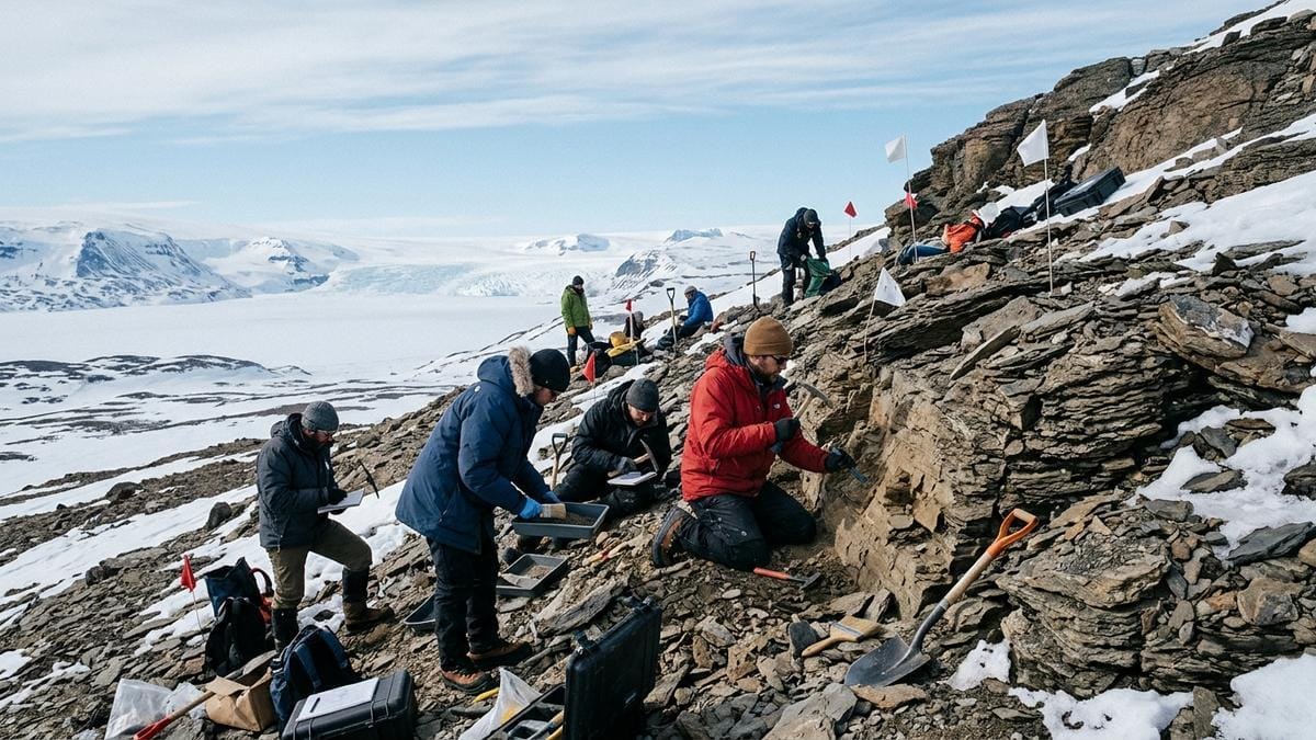 Expedición paleontológica en la Antártida con geólogos revisando una ladera rocosa y nieve, bajo cielo polar claro.