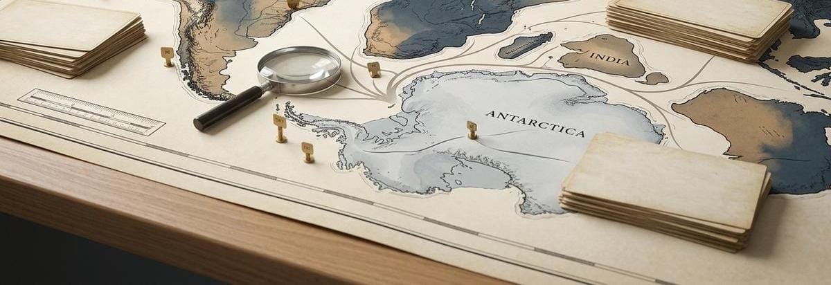 Mapa científico estilizado de Gondwana sobre una mesa de investigación, con Antártida, Sudamérica, África, India y Madagascar resaltadas y una regla de escala fósil.