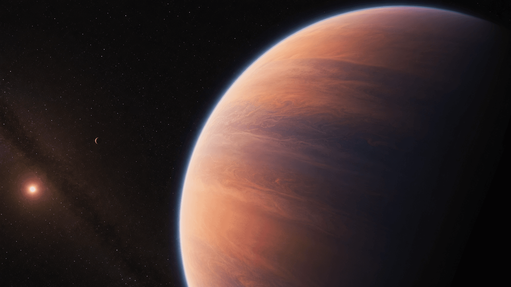 Ilustración editorial de un exoplaneta cálido con una atmósfera tenue